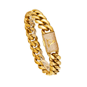 Pulsera de eslabones cubanos con hebilla de 26 letras con incrustaciones de circonitas para hombre |   Joyería Hip Hop de Acero Inoxidable Chapado en Oro PVD de 18K con Alfabeto de la A a la Z - Product Image 1