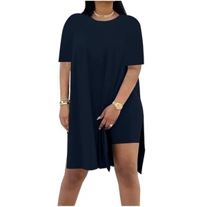 Ensemble de costume décontracté pour femmes, couleur unie, col rond ample, manches courtes, pantalon, deux pièces, SMLXL2XL3XL, Europe, Amérique, Afrique - Product Image 1