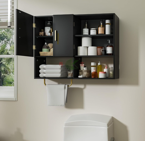 Grand meuble de salle de bain mural en bois avec 2 portes, 4 étagères ouvertes et barre porte-serviettes, noir - Product Image 2