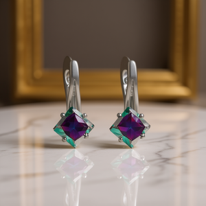 Orecchini pendenti classici in argento 925 con quarzo arcobaleno per donna, gioielli geometrici con cristalli e strass, montatura a griffe, per uso quotidiano. - Product Image 2