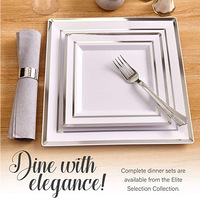 Ensemble de vaisselle jetable moderne en plastique pour fêtes, assiette carrée à double cercle plaquée or, couteau, fourchette, cuillère, verre à vin, bord doré