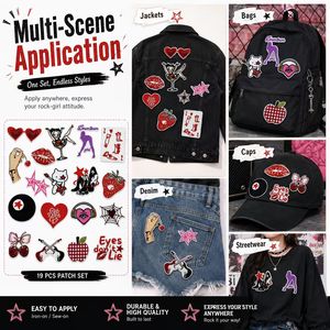 Lot de patchs brodés Y2K Indie à thermocoller ou à coudre, motifs mignons Cœur, Étoile, Lèvres, Cerise, Chat, Guitare, Fraise - Product Image 2