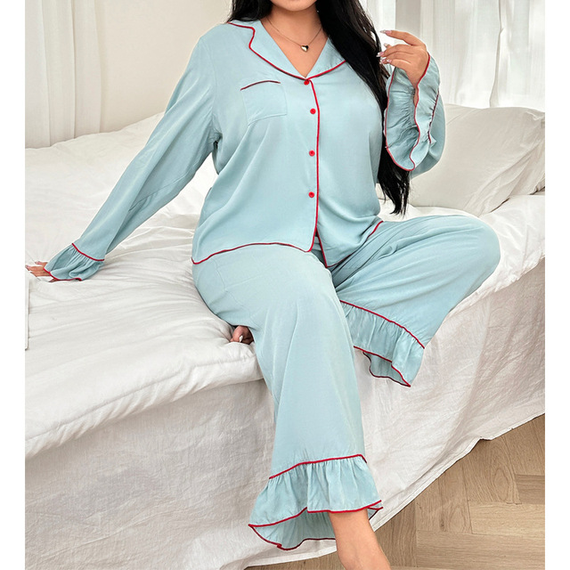 SMOOTH Plus Size Women's Pajama Two-Piece Set, Spring and Autumn, Lapel Long-Sleeved Pants, Home Wear