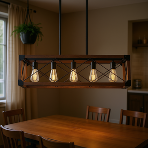 Lámpara Colgante Rectangular Industrial de Nogal de 32 Pulgadas, Araña de 5 Luces para Comedor, Decoración de Cafetería, Sin Bombillas Incluidas (Igual que la anterior) - Product Image 2