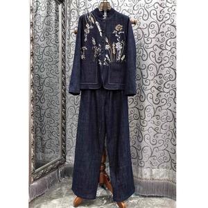 Top Quality New Designer Fashion Pant suit 2025 autunno inverno lussuosi cappotti ricamati in Denim + set di pantaloni in <span class=keywords><strong>lino</strong></span> di cotone 2 pz - Product Image 1