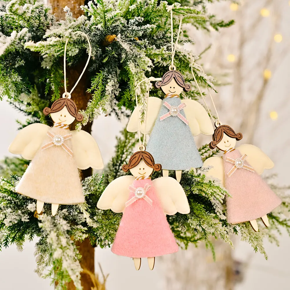 Hot sale Small Wood Christmas Angle Tree Hanging Ornaments With Handmade Plush Doll Windows Hanging Home Holiday Decor