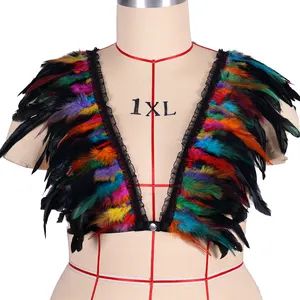 Black Lingerie Feathers Symmetrical Feathers Sexy Strappy Tops Plus Size Punk Gothic Body Harness Bra Party Rave Dance Costume