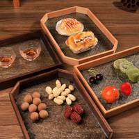 Ensemble de plateaux de rangement en bois multiformes à un niveau finition laquée design incrusté de verre pour les cérémonies de thé de cuisine
