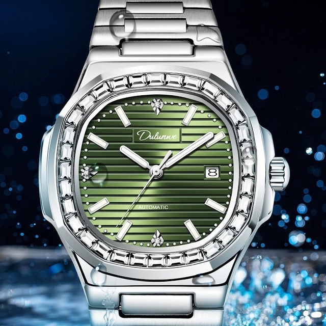 2026 New Dulunwe Diamond Bezel Automatic Watch for Men Luminous Waterproof Business Gold Steel Wristwatch Mechanical Watch