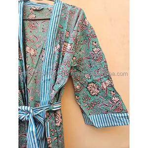 Kimono acolchado 100% algodón para mujer, largo, estampado a mano, suave, informal, para verano y primavera. - Product Image 5