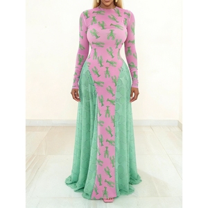 เดรสแฟชั่นแขนยาวพิมพ์ลายดิจิตอล 3 มิติ ผ้าตาข่ายต่อสีสันสำหรับผู้หญิง คอลเลคชั่นฤดูใบไม้ร่วง - Product Image 1