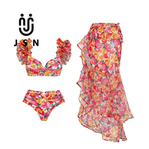 JSN 2024 nueva moda traje de baño cubrir UPS cintura alta bikini conjunto traje de baño ropa de playa floral