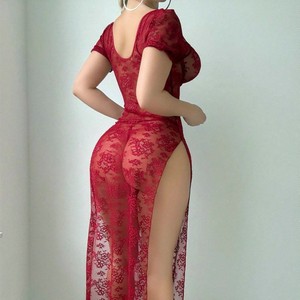 New Sexy See-Through Lace Slit Hip Dress With Thong Sexy Lingerie 2-Piece Set for Women - Product Image 3