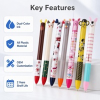 Stylo bille 2-en-1 double couleur, design oreilles d'animaux mignonnes en plastique, encre noire et bleue, impression de logo personnalisé par transfert pour étudiants et écoles