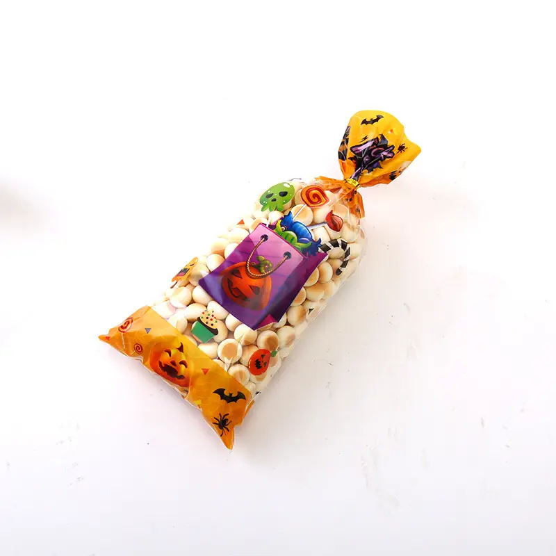Biscotti fai da te in cellophane di Halloween all'ingrosso sacchetti di Cellophane per imballaggio alimentare di caramelle con cravatte intrecciate in oro