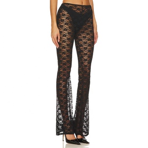 Summer Beach Party Black Sexy Lace Flare Pants <strong>Floral</strong> Lace Mesh Tight Flared Long Pants <strong>Trousers</strong> for Women <strong>Ladies</strong> - Product Image 3