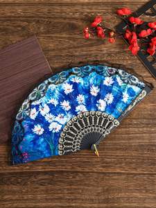 Abanico de Mano Plegable de Moda con Borde de Encaje Dorado, Estampado en Caliente, Plástico, para Regalo de Boda - Product Image 5