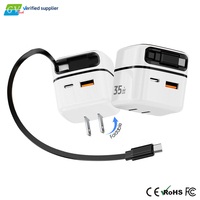 Cargador de Pared USB-C GaN PD 3.0 de 35 W con Cable Retráctil Tipo C, 2 Puertos Tipo C, Puerto USB-A, Enchufe Estadounidense, Certificado CE/FCC/ROHS