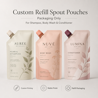 Emballages de recharge pour soins personnels imprimés en flexographie, recyclables, mats, personnalisés, sachets en plastique avec bec verseur pour shampoing, gel douche, après-shampoing