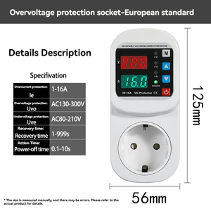 Protector de <span class=keywords><strong>Voltaje</strong></span> Automático Monofásico con Enchufe Europeo, 16A 220V, Ajustable para Sobretensión/Sobrecorriente, Pantalla LED, para Refrigerador - Product Image 6