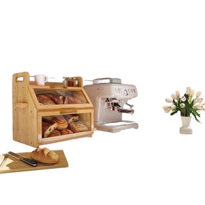 <b>Double</b> Layer Wooden Bread Storage Box Bamboo Flip Top Kitchen Bakery Bread <b>Bin</b> With Spice Rack And Knife Holder - Product Image 5