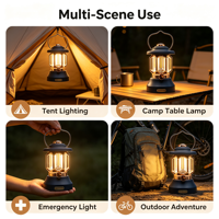 Lampe de camping LED vintage rechargeable, lanterne de tente rétro, lampe d'ambiance suspendue pour l'extérieur avec charge Type C
