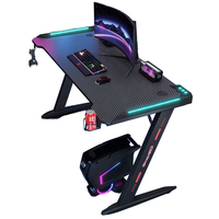 Bureau de jeu avec lumières LED RVB, grand bureau PC de jeu en forme de Z avec table de bureau de jeu d'ordinateur de bureau en fibre de carbone pour joueur