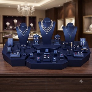 Custom Blue PU Leather Necklace Ring Jewellery Display Props Luxury <b>Jewelry</b> Display Stand Set - Product Image 1