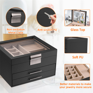 Boîte à bijoux en cuir portable à 3 couches, avec logo personnalisé, petite, ronde, blanche, en velours, pour voyage, avec tiroir de rangement en cuir noir - Product Image 2