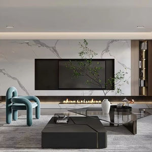 White Modern Style Solid Wood With Wood Grain Shelves and TV <b>Cabinets</b> for Great Room with Marble - Product Image 1