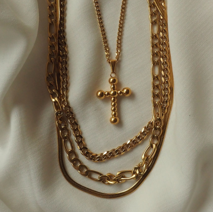 NYBling Stainless Steel Figaro Chain Necklace With Cross Pendant – Gold Plated – 18-30in