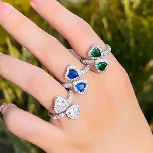 Шикарные ярко-синего цвета с квадратными кристаллами циркония, двойной «любящее сердце» штапельного форма открытый палец кольца для женщин CZ Регулируемая манжета ювелирных изделий
