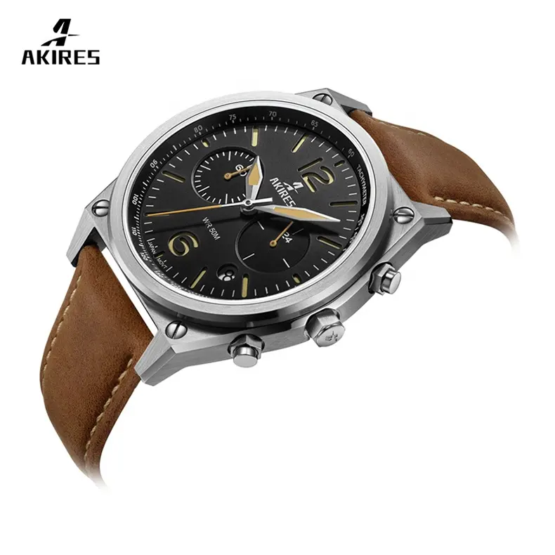 Watch quartz custom mens wrist watch quartz stainless steel case leather strap chronograph watch