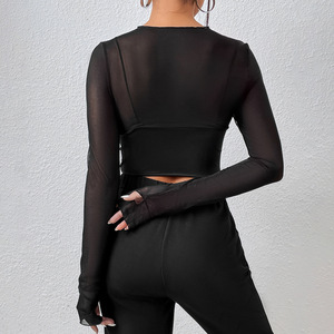 Vente en gros de T-shirts pour femmes Fashion Sexy Splicing Mesh Plus Size Vêtements pour femmes Top à manches longues européen et américain - Product Image 6
