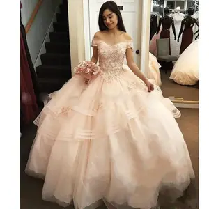 Sang trọng Ngọt Ngào Hạt Bóng Gowns Wedding Dresses Tắt Vai Ruffles Tầng Puffy Bridal Dresses