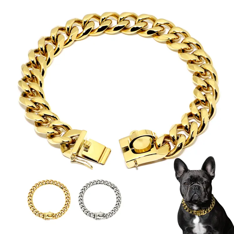 Collare per cani a catena d'oro Hardware dorato Heavy Duty in acciaio inossidabile Pet Cuban Link Pitbull Chain guinzaglio Set collari per animali domestici guinzagli