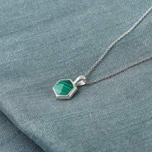 Natural Malachite Hexagon <b>Pendant</b> Necklace Sterling <b>Silver</b> Bezel Setting Women's Fashion Jewelry Gift - Product Image 2
