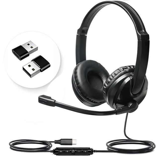 Telephone Headset Wired Type-C Over Ear Earphone with Microphone for Office Call Center Use on PC Laptop Mobile Phone