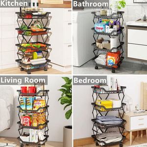 2024 New Design 4 Tier Stackable Collapsible Metal Wire <b>Kitchen</b> <b>Pantry</b> Fruit Vegetable Basket Trolley Storage Cart with Wheels - Product Image 6