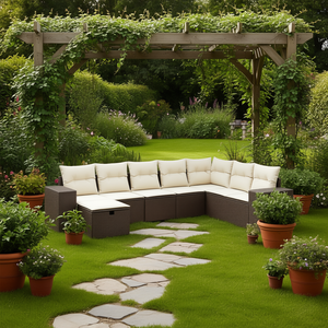 Conjunto de Sofás Modulares Modernos para Jardín, Muebles de Exterior de Ratán Sintético Marrón con Cojines de Espuma de Alta Densidad - Product Image 2