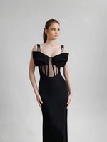 Robe longue noire de soirée de luxe à fines bretelles, transparente, à baleines, fendue et ajustée, nouvelle collection été