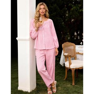 Womens Gingham <b>Pajama</b> <b>Set</b> 2 Piece Cotton Plaid Long Sleeve Button Top Straight Leg Pants Sleepwear Lounge <b>Set</b> - Product Image 3