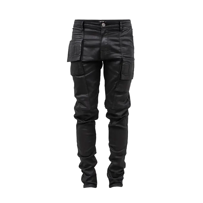 LILUO jeans da uomo rivestiti in cera di alta qualità pantaloni personalizzati multi tasche in denim di cera fredda pantaloni da uomo in denim cerato sottile