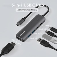 Hub adaptateur USB-C 5 en 1 vers HDTV 4K, USB 3.0, charge PD, station d'accueil multifonction, aluminium