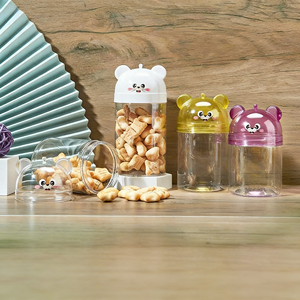 Jars en plastique mignons pour aliments, fruits secs, noix, bocaux scellés, bouteilles de bonbons pour animaux de compagnie, contenants pour bonbons gélifiés, forme carrée, sérigraphie - Product Image 1