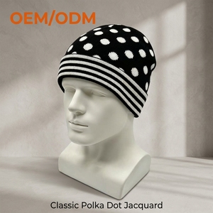 Bonnet tricoté jacquard à pois rétro chic personnalisé, chaud et doux, avec revers rayé, style décontracté, pour l'<span class=keywords><strong>hiver</strong></span> – Fournisseur de bonnets - Product Image 1