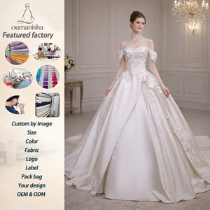 Robe de mariée princesse moderne en satin grande taille, épaules dénudées, coupe bal, traîne chapelle, vente en gros, direct usine - Product Image 2