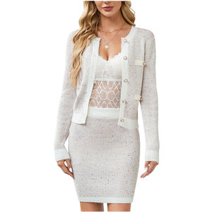 Channel 2025 elegantes trajes de Falda de punto para <span class=keywords><strong>mujer</strong></span>, cárdigan de punto de manga larga con botones y minifalda, conjunto a juego, trajes de otoño - Product Image 1