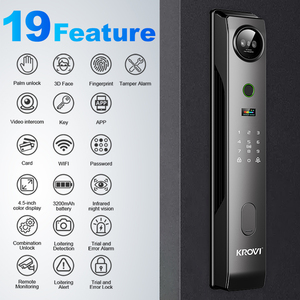 Serrure de porte intelligente KROVI PR08 OEM Tuya avec code PIN, empreinte digitale, reconnaissance faciale 3D, Wi-Fi pour portes en alliage d'aluminium, bois et acier - Product Image 2