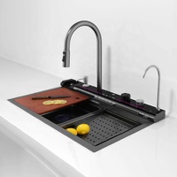 Évier de cuisine moderne multifonctionnel 2024 à 4 trous en acier inoxydable 304 brossé avec robinet cascade et pluie, ensemble complet